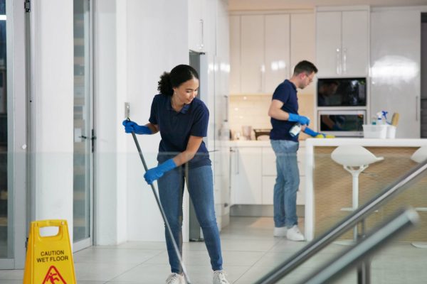 Cleaner, woman and mopping floor in office for fumigation, disinfect and safety suit from disease r.