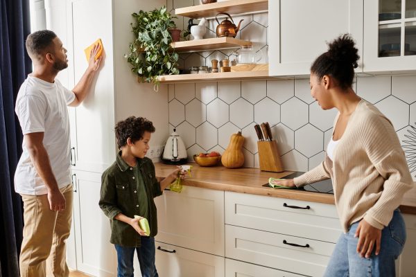 An African American man and woman are energetically cleaning the kitchen together, showing love and teamwork, with son.